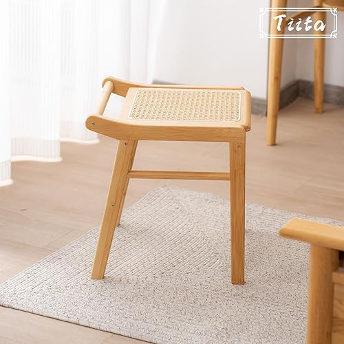 Miniatura 7 de Tiita Taburete de tocador – Taburete de maquillaje cuadrado de ratán, moderno sillón de bambú, taburete otomano rectangular para dormitorio, sala de