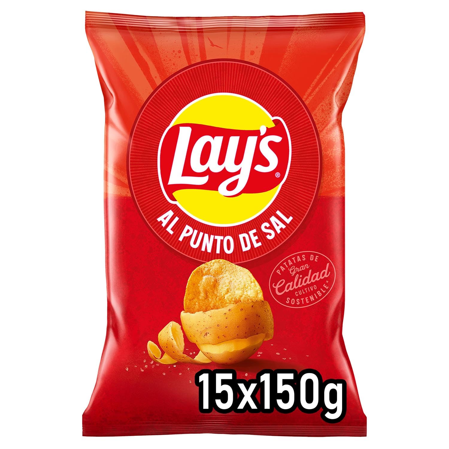 LAY’S Patatas Fritas Al Punto de Sal para Aperitivo y Consumo Diario, Bolsas Individuales de 150 g, Pack de 15, Incluye Bowl de Regalo
