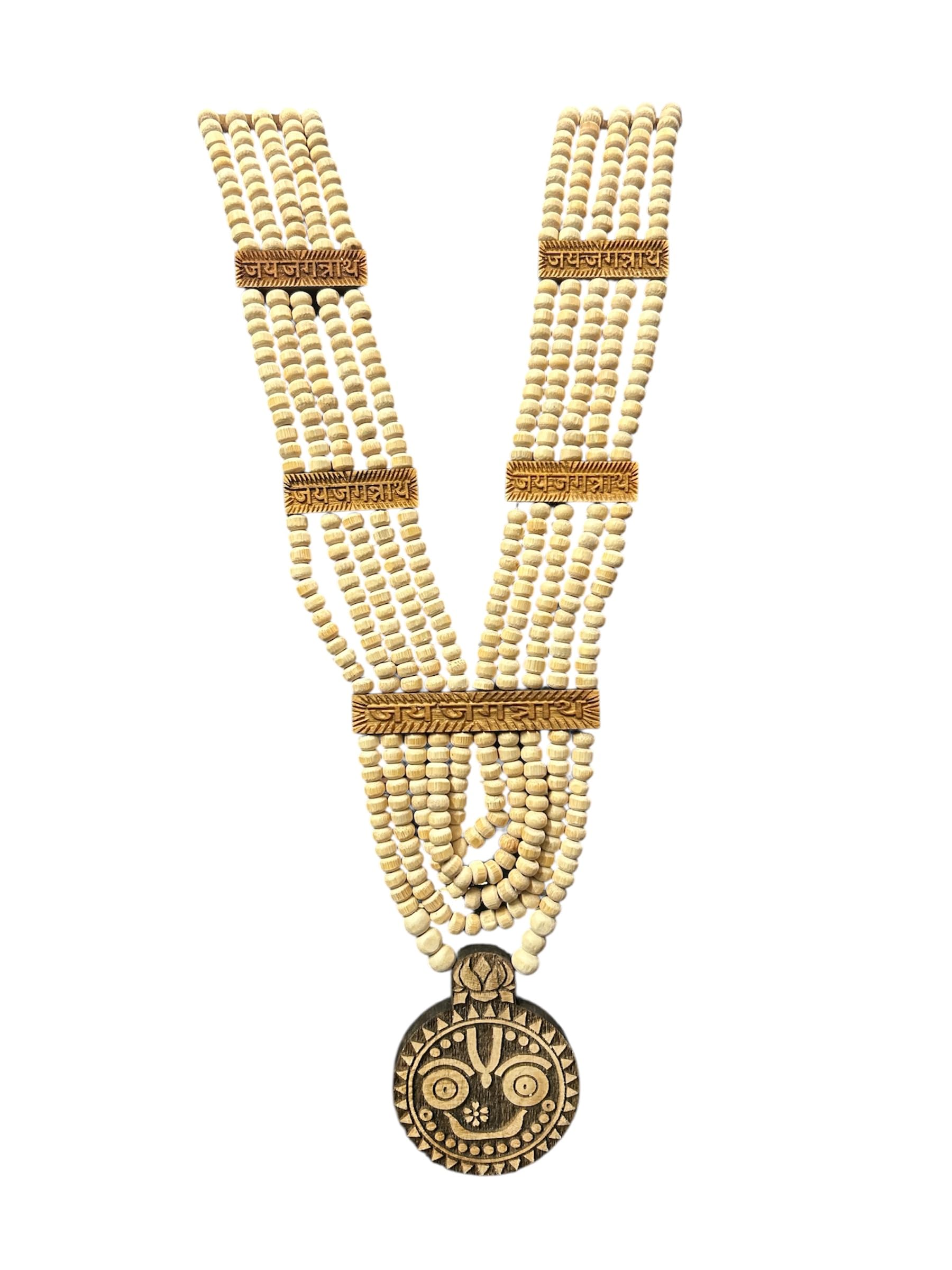 Traditional Tulsi Mala Necklace, 5-Strand White Beads with Gold-Tone Sanskrit Inscribed Dividers, Jagannath Pendant, Religious Prayer Beads-image-19