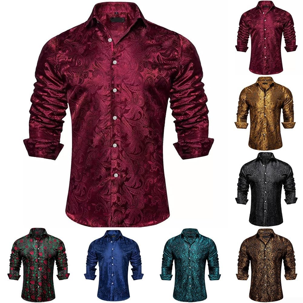 Chemise formelle à manches longues en soie pour homme pour smoking, mariage et fête (taille L) Rouge