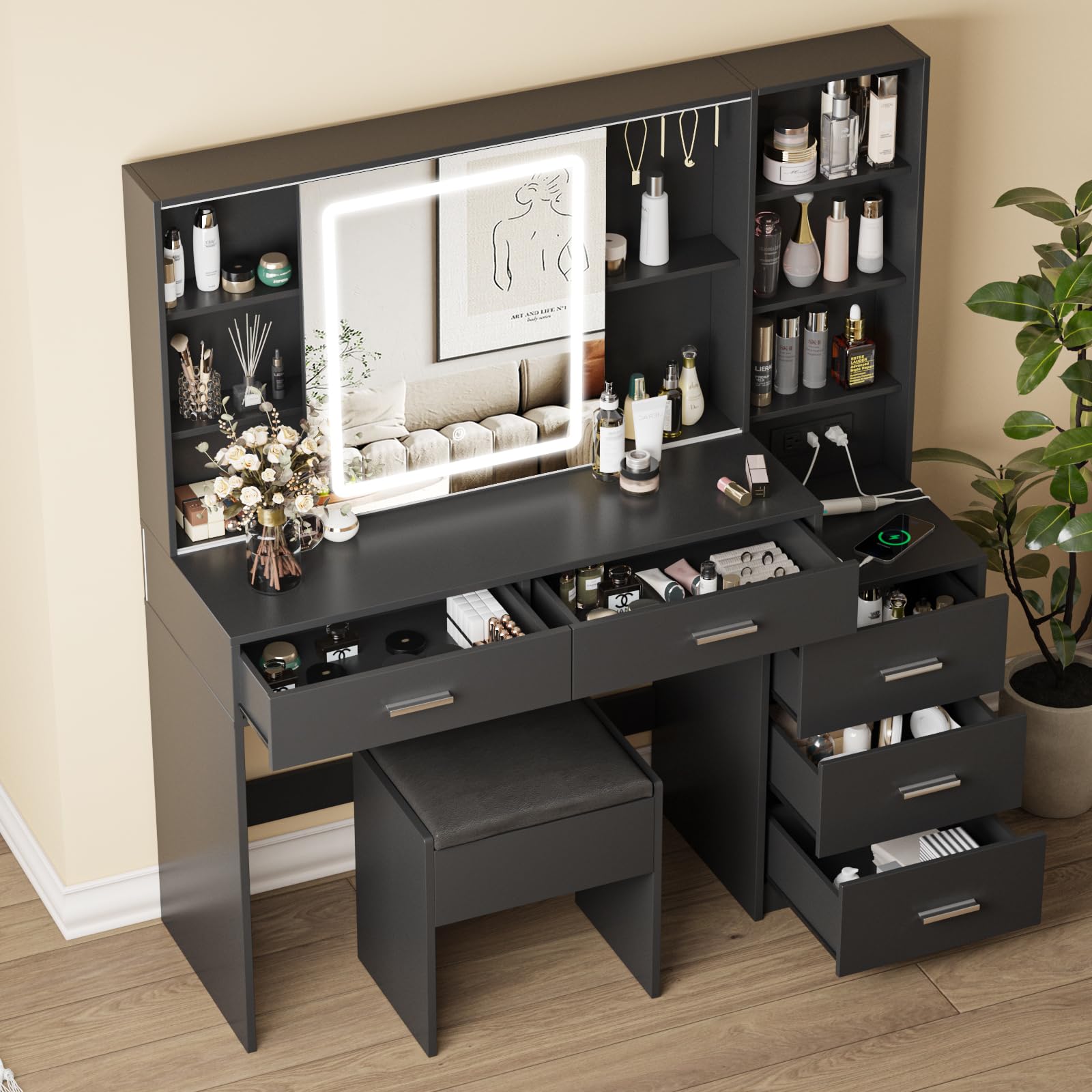 Fameill Vanity Desk with Mirror and Lights, Makeup Vanity with 5 Drawers, Makeup Desk with Charging Station and Ample Storage, Dressing Table with Chair for Bedroom Room (Black)