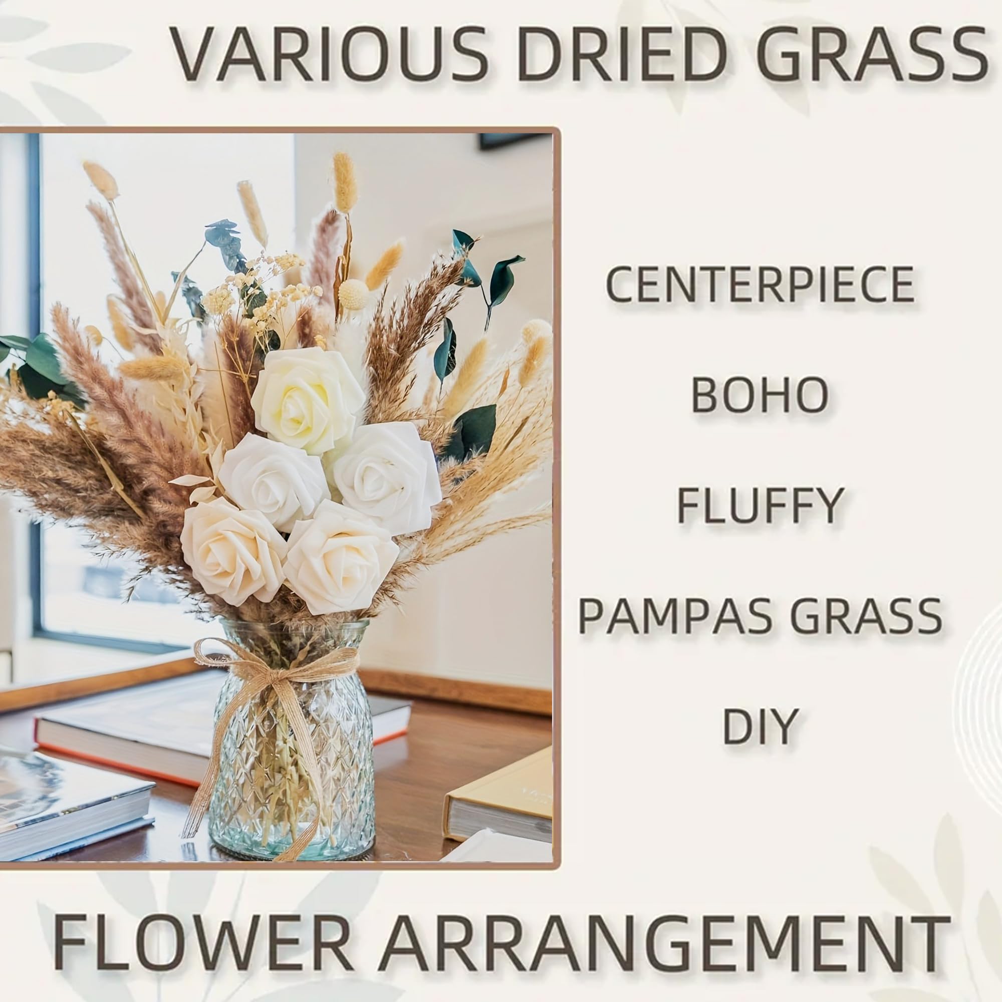 Bouquet di erba della pampa essiccata con rose artificiali arancioni e bianche, composizione floreale rustica bohémien in vaso di vetro, 43 cm, per decorazione domestica, centrotavola per
