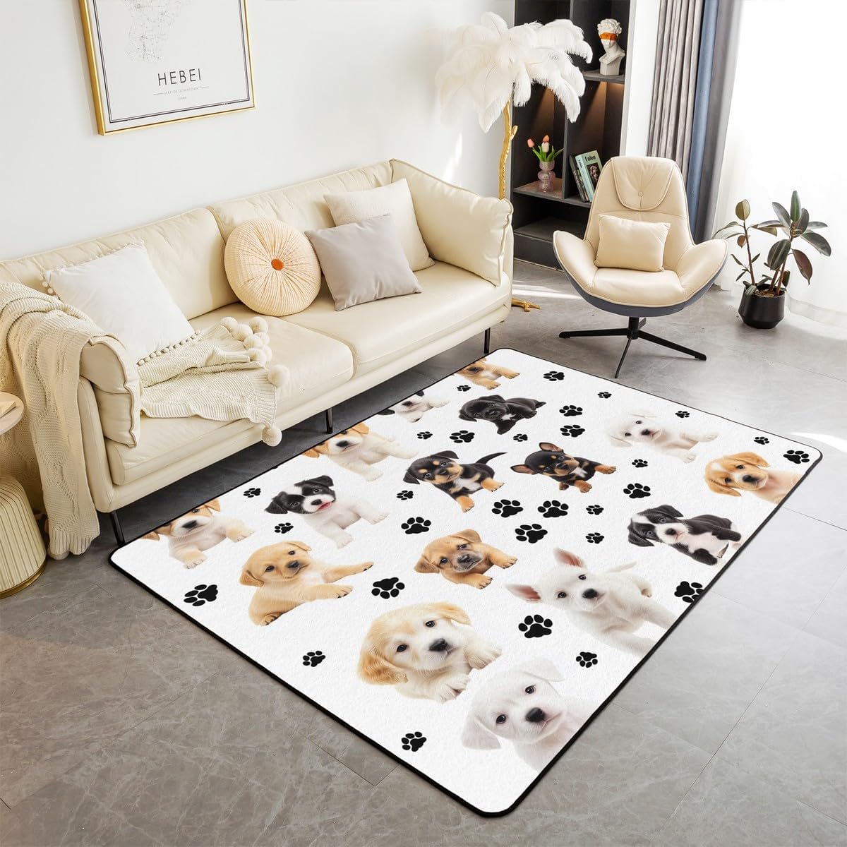 Erosebridal Kawaii 3D Dogs Area Rug 4'11" x 3'3", Cute Puppy Pet Carpet for Kids Girls Child, Doggy Footprint Non Slip Indoor Floor Mat for Living Room, Black White Dog Animals Decorative Rug