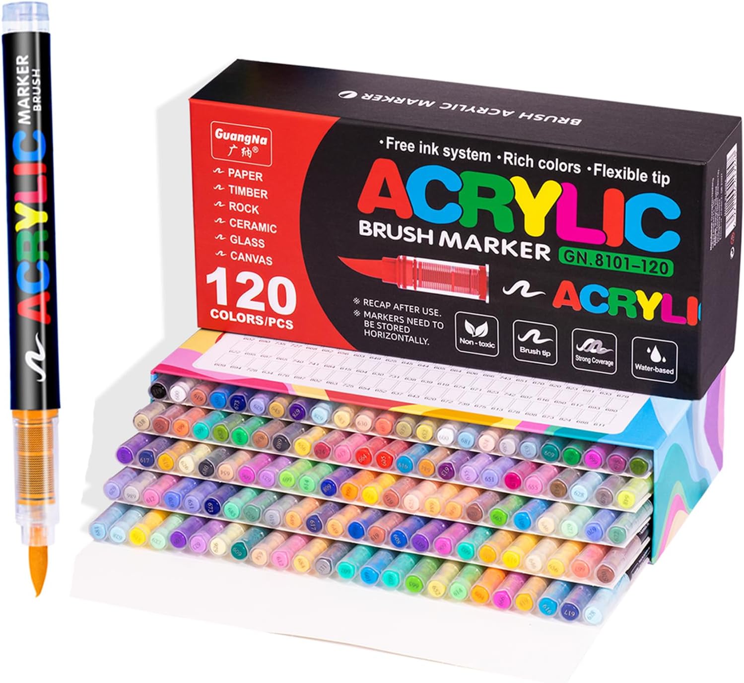 Guangna Acrylic Paint Markers,120 Colors with Direct-Liquid Ink Control System, Professional-Grade Paint Pen for Rock Painting, Canvas, Glass, Plastic, Fabric & Creative Crafts
