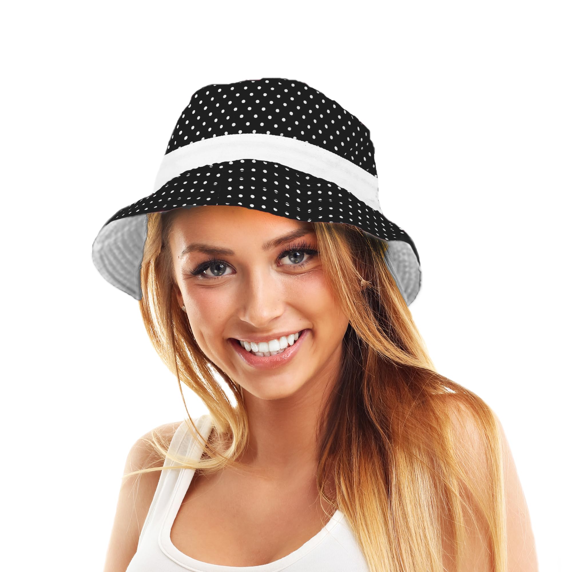 TOSKATOK® UPF 50+ Ladies Womens Reversible Cotton Polka Dot Bush Bucket Sun Hat Black