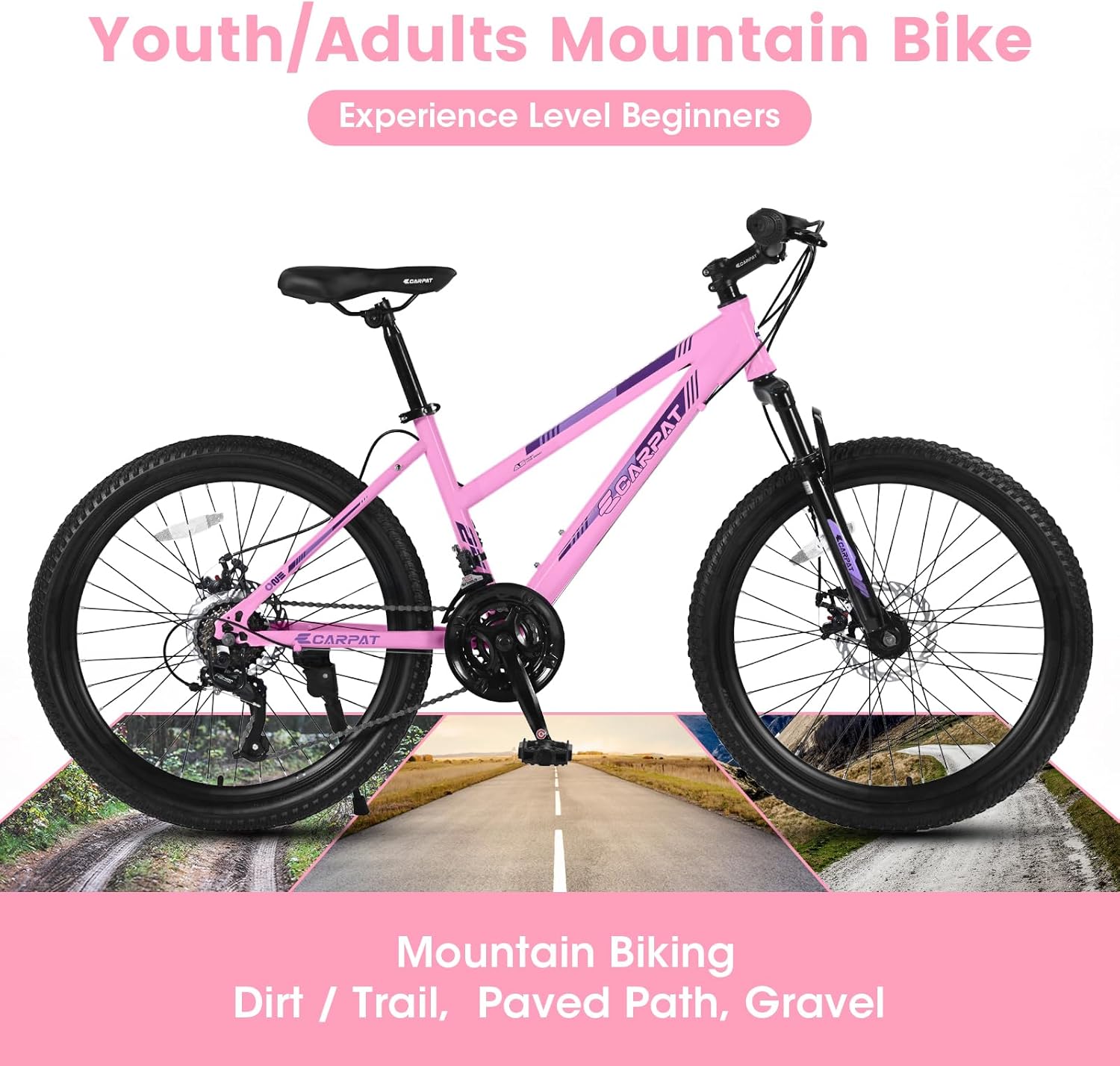 24/26 Inch Mountain Bike for Women Girls, 21-Speed Mountain Bicycle with Disc/V-Brakes and Front Fork Suspension, Carbon Steel Frame MTB Bike