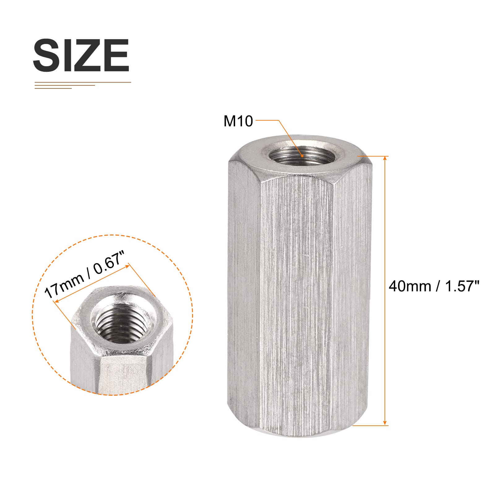 DTGN M10x40mm(DxL) - Hex Standoff Spacer Nuts -2Pack- Good for Electronic Machine - 304 Stainless Steel Coupling Screws - Image 2