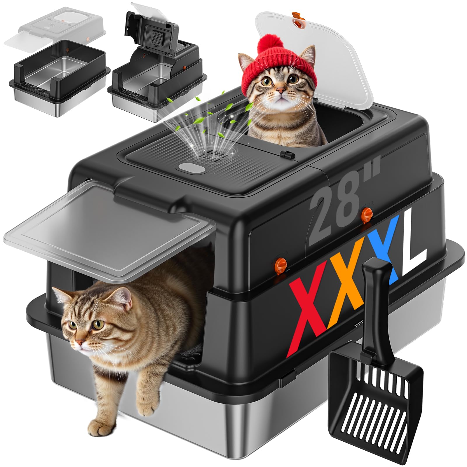 Stainless Steel Litter Box with Lid, 28" XXXL Large Cat Litter Box Enclosed for Multiple Cats, Odor Control with Carbon Filters, Anti-Leak High Sided, Includes Removable Lid & Scoop, Black