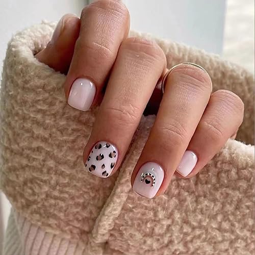 MERVF Uñas postizas cortas a presión, cuadradas, color blanco, con pegamento cuadrado ovalado, con diseño de leopardo, 24 piezas, uñas acrílicas