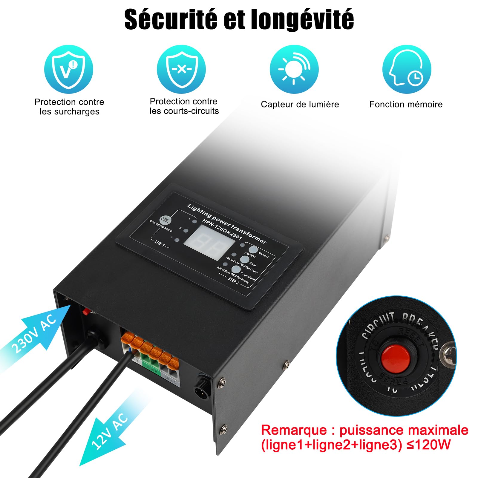 COOLWEST 120W Transformateur 220V 12V AC avec Capteur de Lumière, Alimentation 10A Extérieur avec Fiche, Transfo LED avec Minuterie pour Eclairage de Jardin, Halogène MR16 GU5.3, Eclairage de Piscine