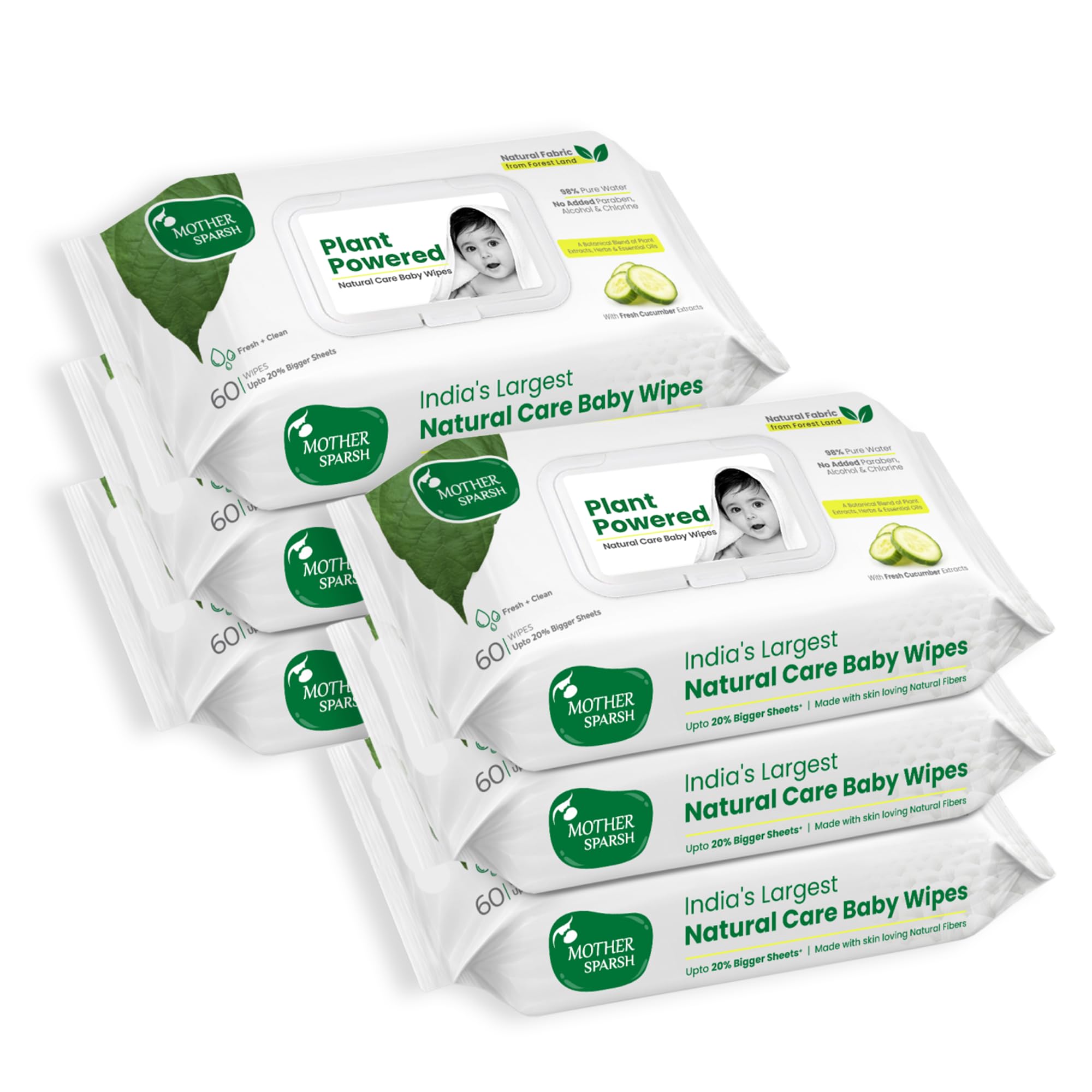 Mother Sparsh Natural Care - Toallitas húmedas para bebé, 60 unidades (paquete de 6), tela 100% hecha de plantas de tierra forestal | Fresh+Cleanse (con pepino) toallitas húmedas alimentadas por