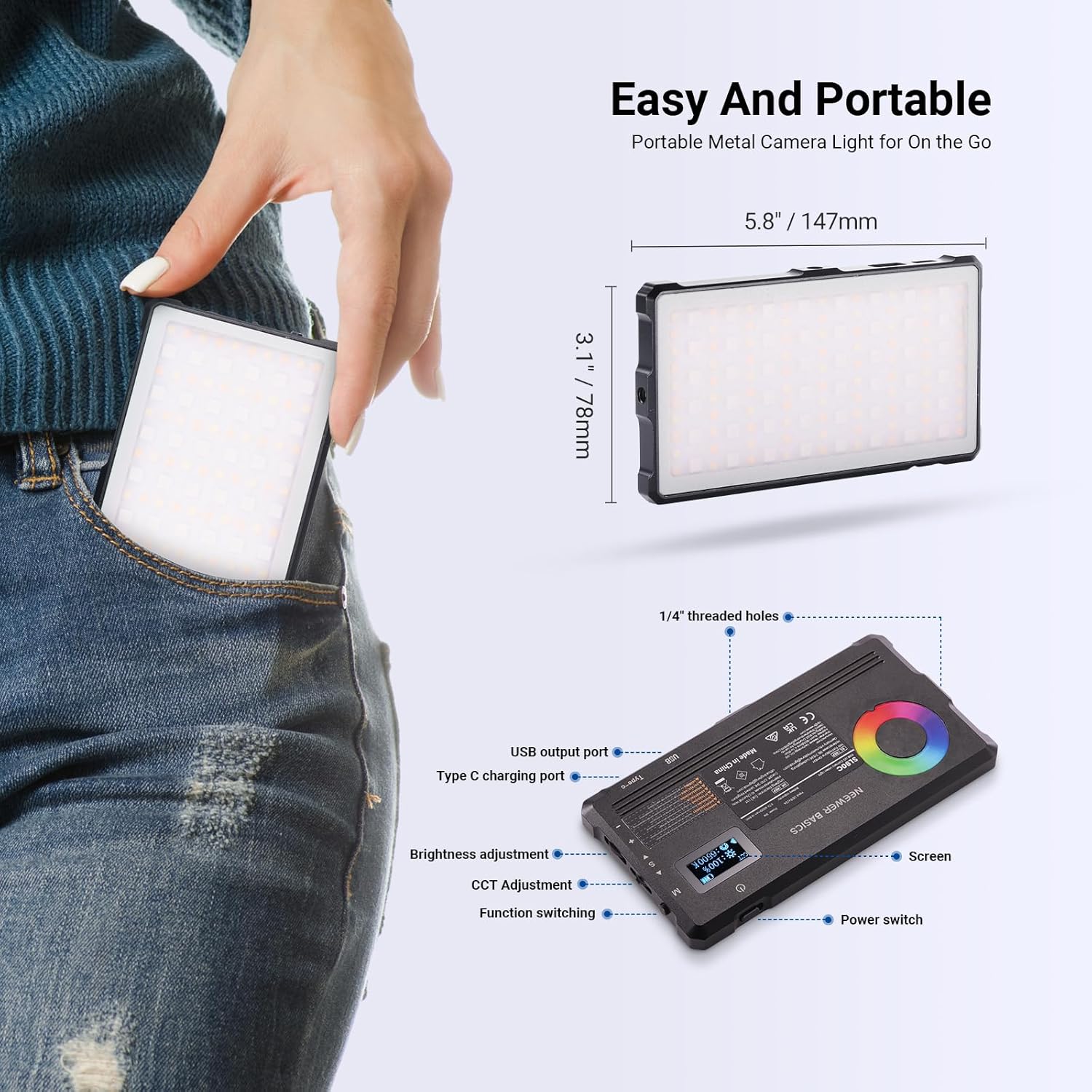 NEEWER Basics Full RGB Camera Video Light with Desk Tripod Stand, 8W CRI97 2700K-7500K 17 Scenes 4000mAh Portable Metal Small LED Panel Lighting for DSLR Streaming Photography Video Recording, SL90C