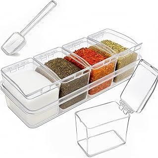 Clear Seasoning Box, 4 Pieces Seasoning Rack Spice Pots with Lids and Spoons, Toppings Containers, Acrylic Seasoning Box for Salt Spice, Pepper, Sugar, Cardamon, Cinnamon