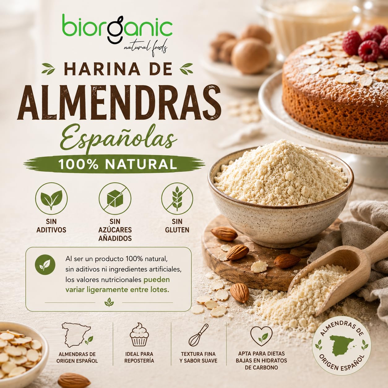 Harina de almendras pack 5kg. Pack ahorro. Sin gluten. Sin piel. Origen España.100% natural. Certificado sin MGOs. Molienda fina. Marca Española.