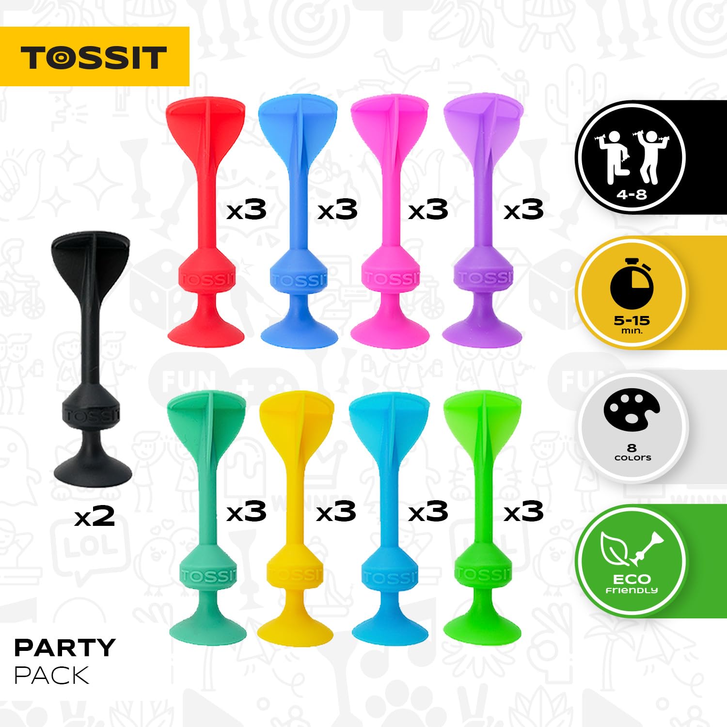 TOSSIT Gioco di Lancio Divertente con Ventosa, Interni Esterni, Si Attacca a Muri, Finestre, Pavimenti, Alternativa Freccette, Bocce, Pétanque, Famiglia, Amici, 8 Colori, Party Pack