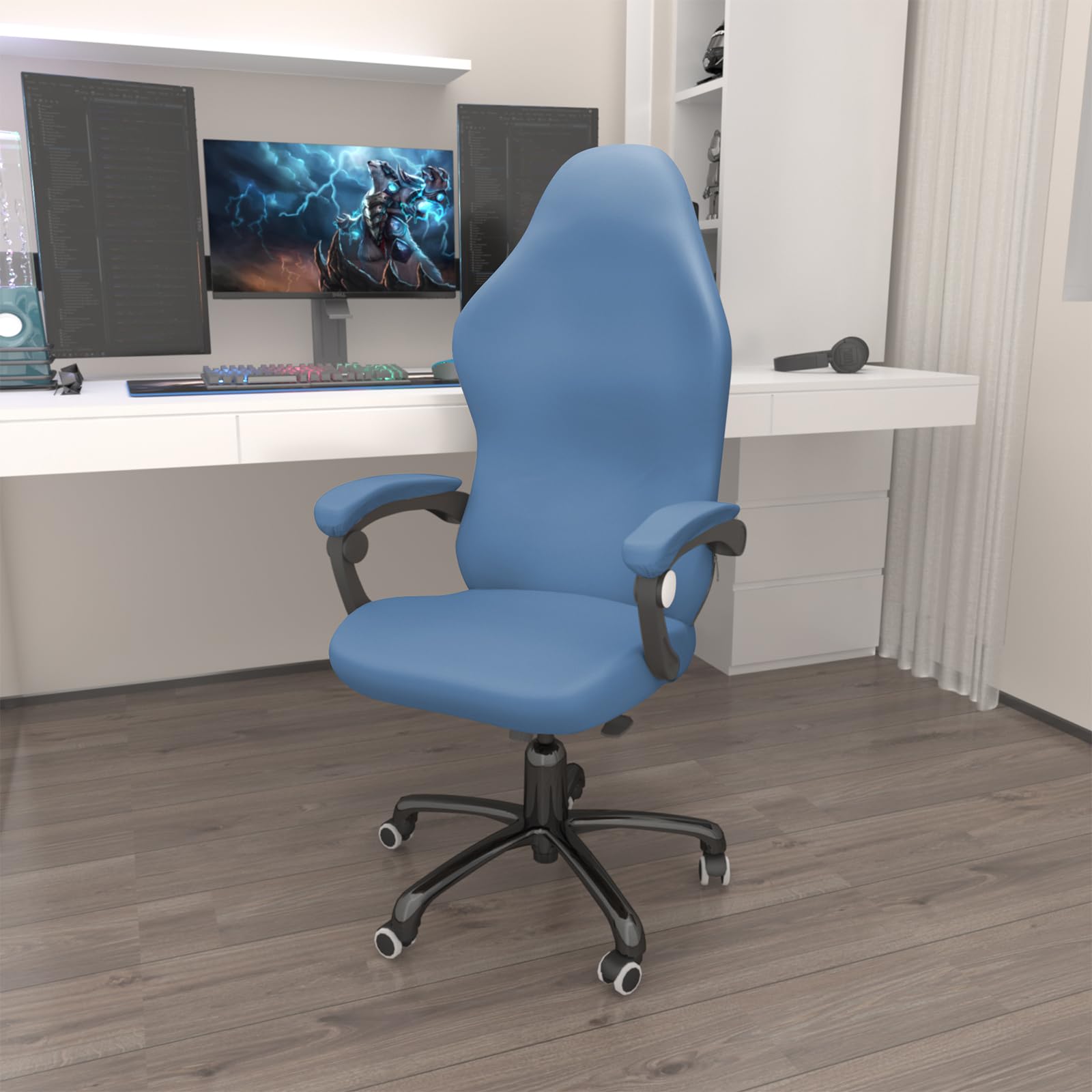 Gaming Chair Covers Slipcovers Office Desk Chair Cover Waterproof with Armrest Covers, Computer Chair Cover Stretch Ergonomic Rotating Armchair Covers Stretchable Seat Chair Cover Non Slip-Blue