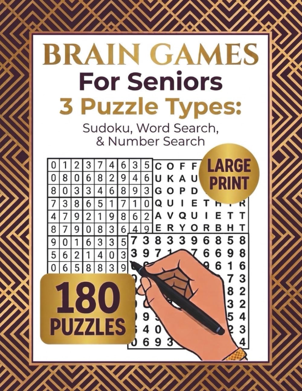 Brain Games for Seniors: Three Puzzle Types: Sudoku, Name Search, & Number Search - 180 Puzzles!