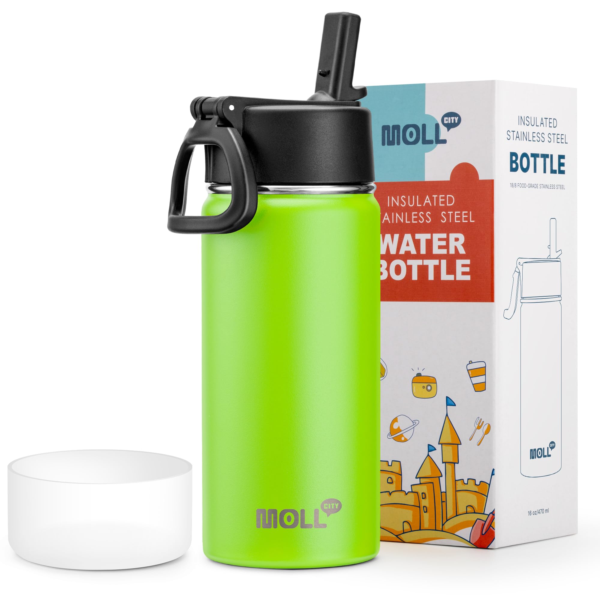 Kids Insulated Water Bottle with Straw-16 oz Stainless Steel Double Wall Vacuum Wide Mouth Sports Water Bottles for