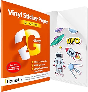 Vinyl Sticker Paper, Glossy Printable Vinyl Sticker Paper for Laser Printer, Quick-Drying, Water and Scratch-Resistant, Self-Adhesive for Most Surfaces, 8.5 x 11 Inches