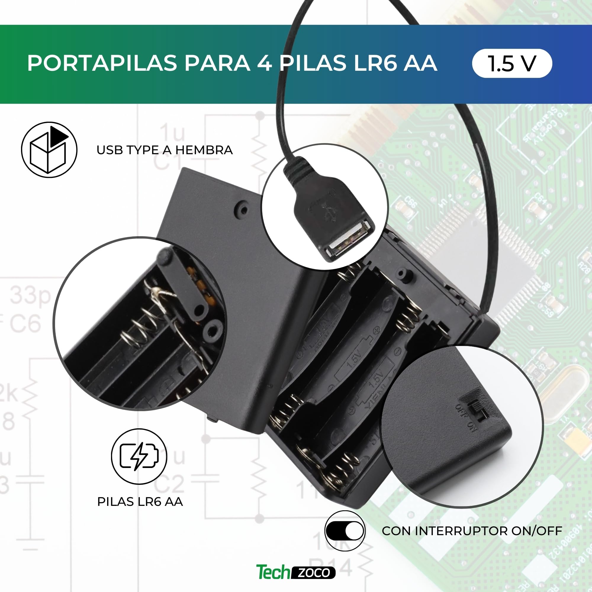 Porta batterie con interruttore on/off 6 V per 4 batterie LR6 AA, supporto batteria AA, cavo USB femmina