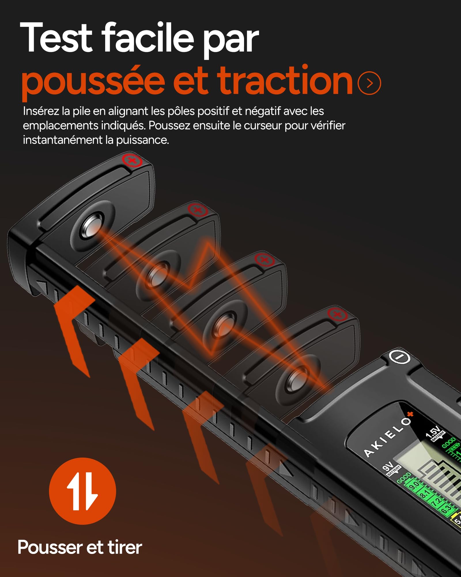 AKIELO+ Testeur Universel de Piles Numérique – Écran LCD Facile à Lire – Aucune Pile Nécessaire – Compatible AA AAA C D 9V 1,5V et Piles Bouton