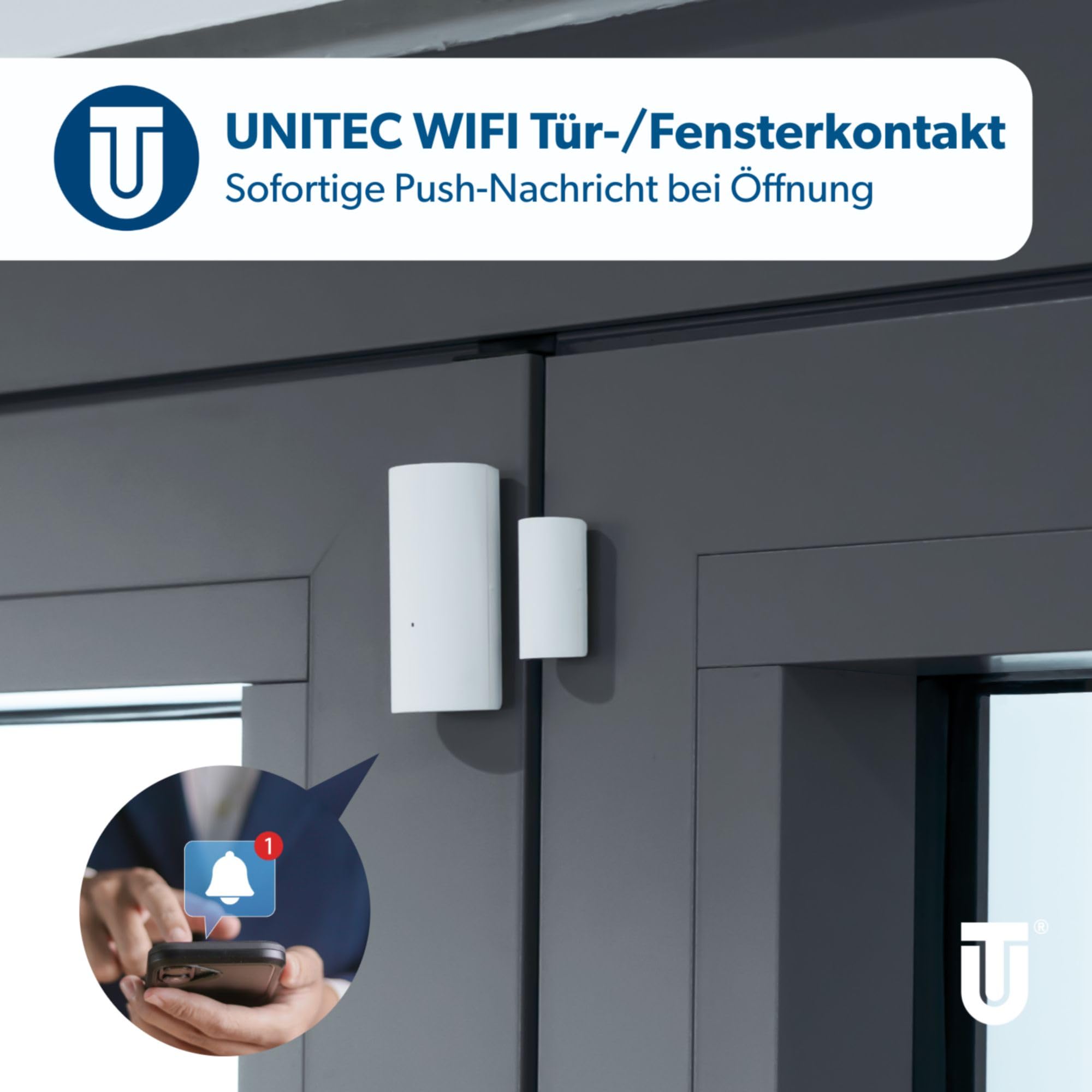 Unitec Czujnik magnetyczny do drzwi/okien z Wi-Fi, powiadomienia na smartfonie, czujnik ostrzegawczy WLAN, nie wymaga bramki, zasilanie bateryjne