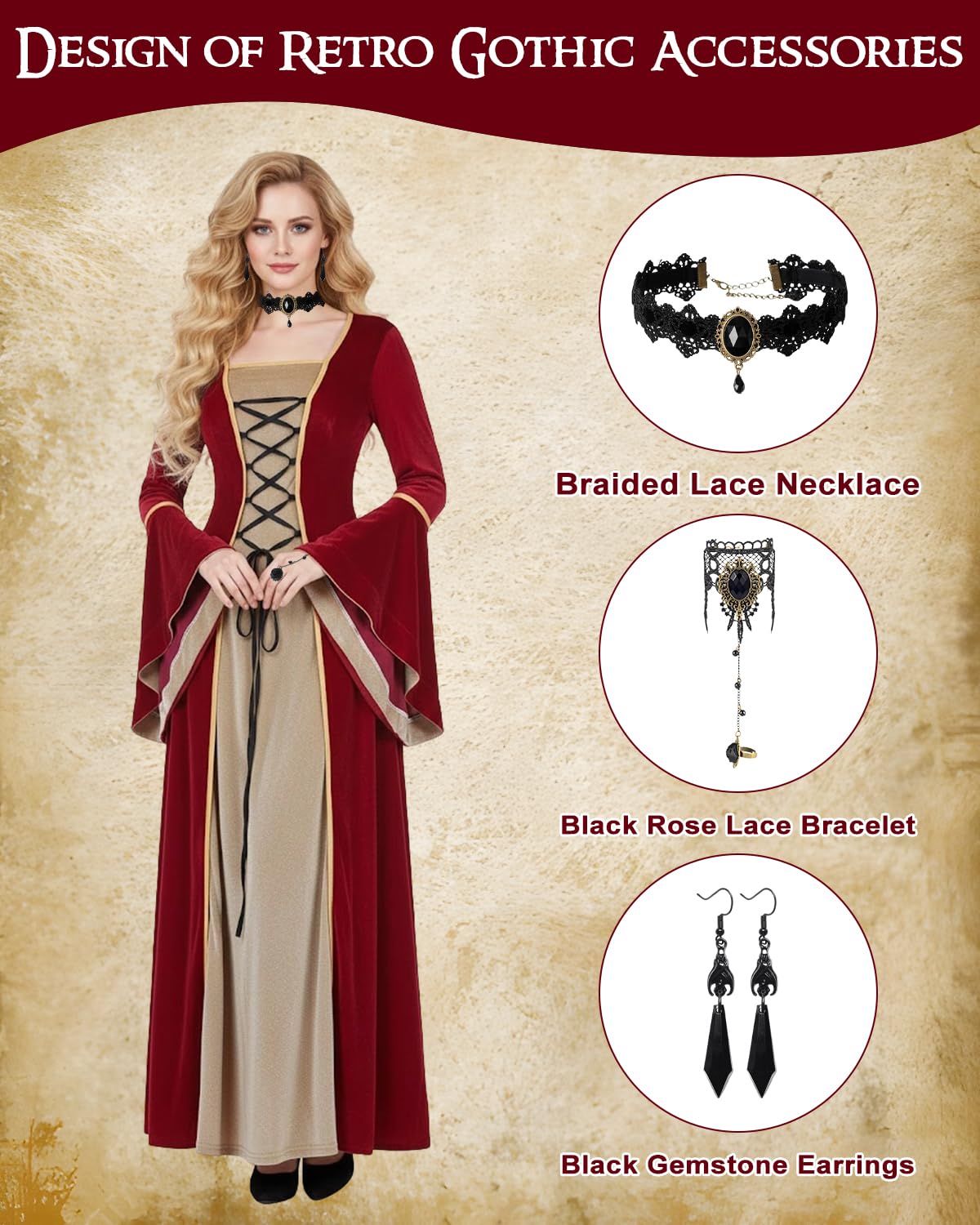 Mittelalter Kleidung Damen, Samtkleid Damen mit Halskette Ohrringe, Renaissance Kleid, Samtkleid Rot, Mittelalter Kostüm mit Glockenärmeln, Karneval Kostüm für Halloween Cosplay Party