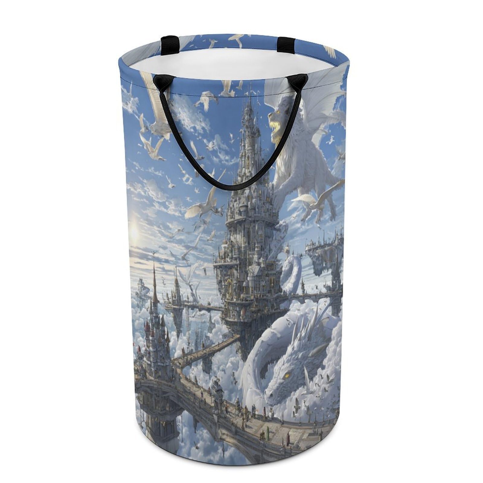 LUYYSKY Colorful Realistic Fantasy Dragon Collapsible Dirty Clothes Basket, Beautiful Retro Sunrise Enchanted Castle Animal Bird Lion Portable Clothes Storage Laundry Basket-40 CM Dia, 69 CM High