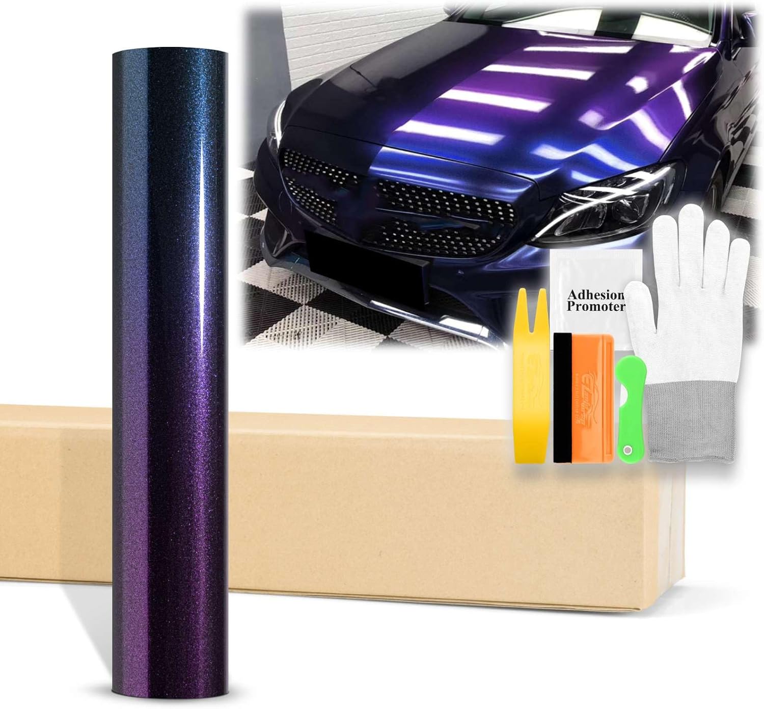 60"x300" (5FTx25FT) Purple Blue Galaxy Dust Gloss Chameleon Metallic Color Shift Color Change Vinyl Wrap Auto Sticker Decal Film Sheet Bubble Free Air Release Technology with Tool Kit