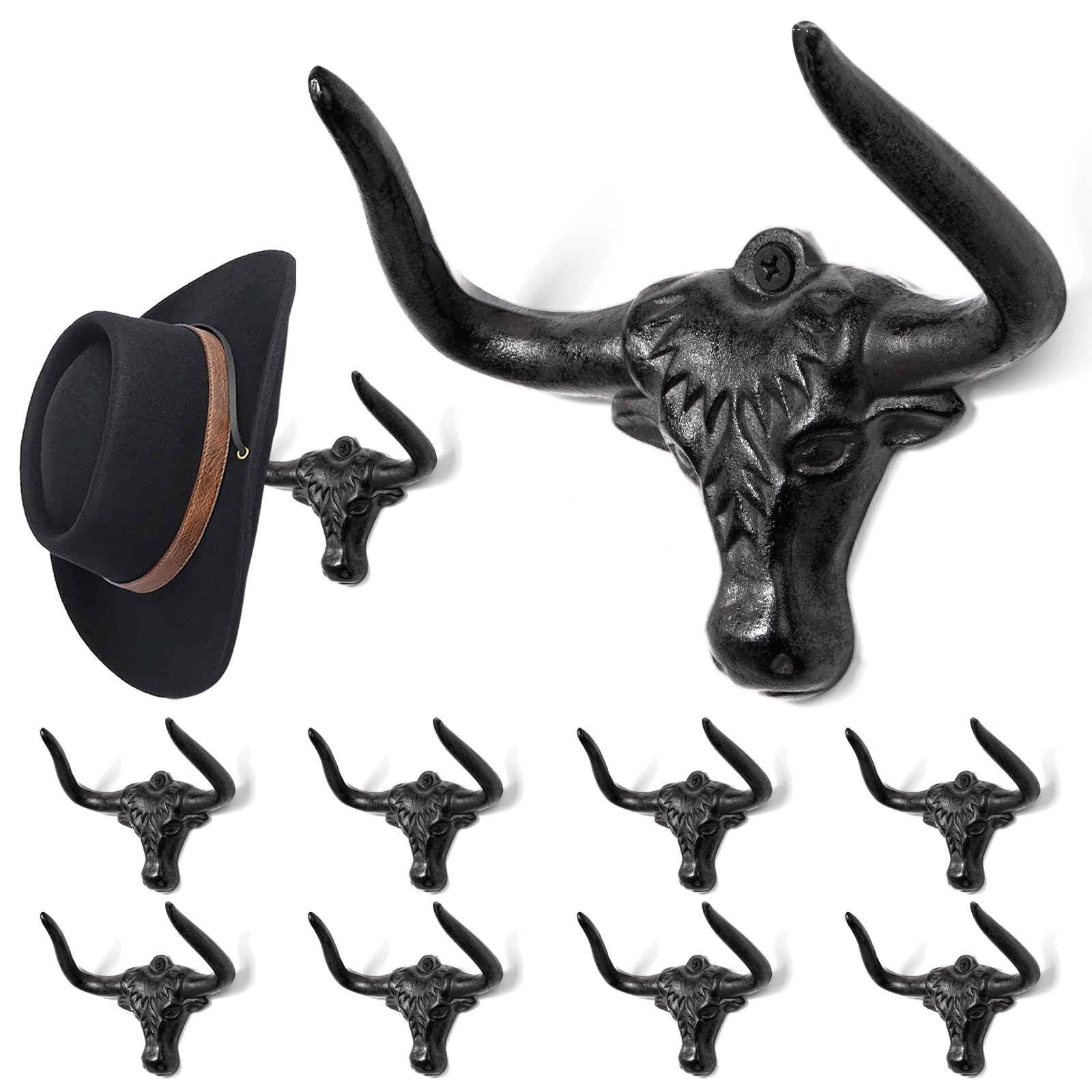 Cowboy Hat Rack for Wall 8 Pack Western Longhorn Hat Holder Cast Iron Vintage Rustic Hanger Hat Hooks for Storage Display Closet Bedroom Living Room Rust Men's Gift