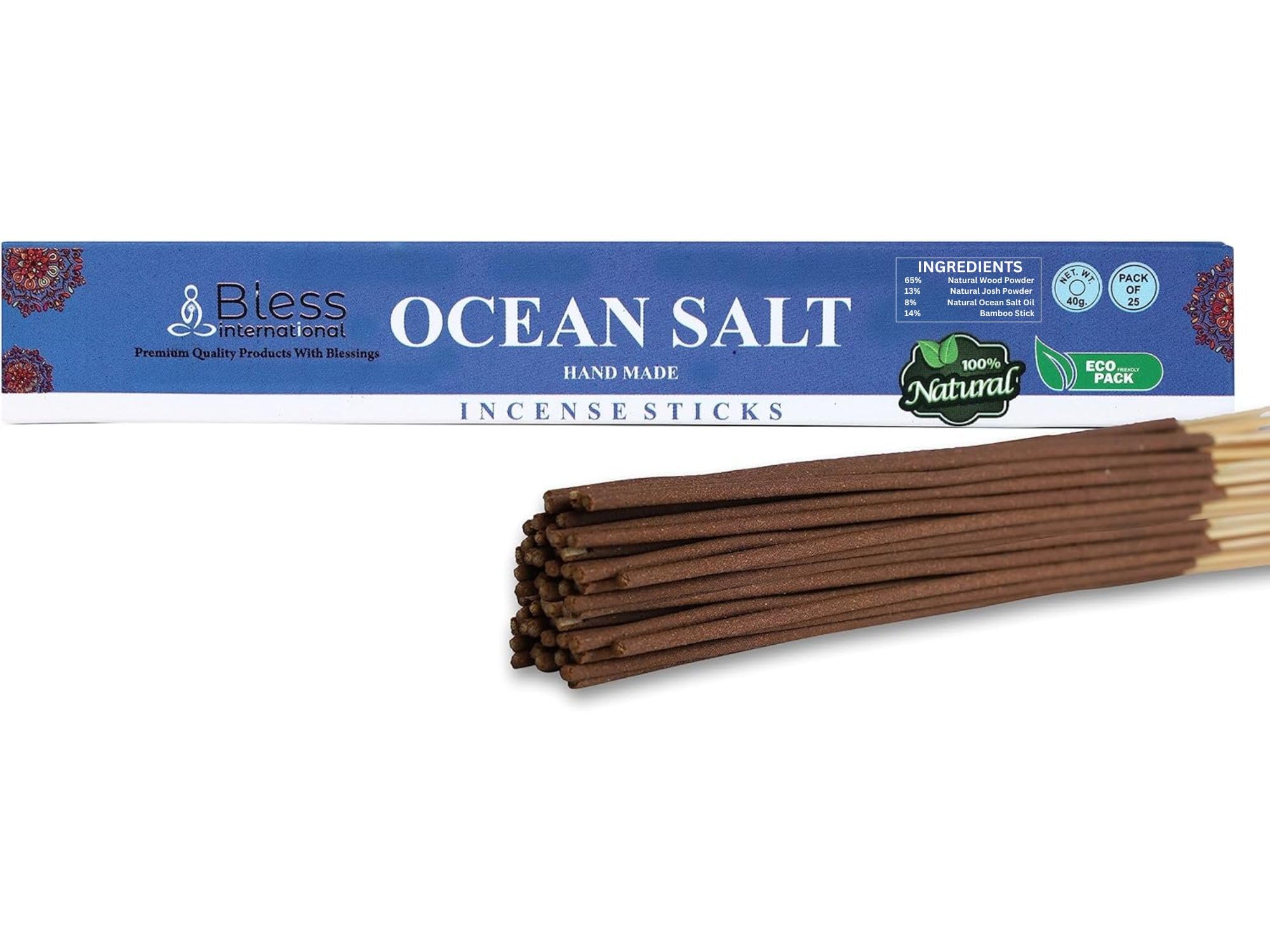 Bless-Ocean-Salt 100%-Natural-Handmade-Hand-Dipped-Incense-Sticks Organic-Chemicals-Charcoal-Free Purification-Relaxation-Positivity-Yoga-Meditation Best-Woods-Scent (25 Sticks (1.4 OZ))