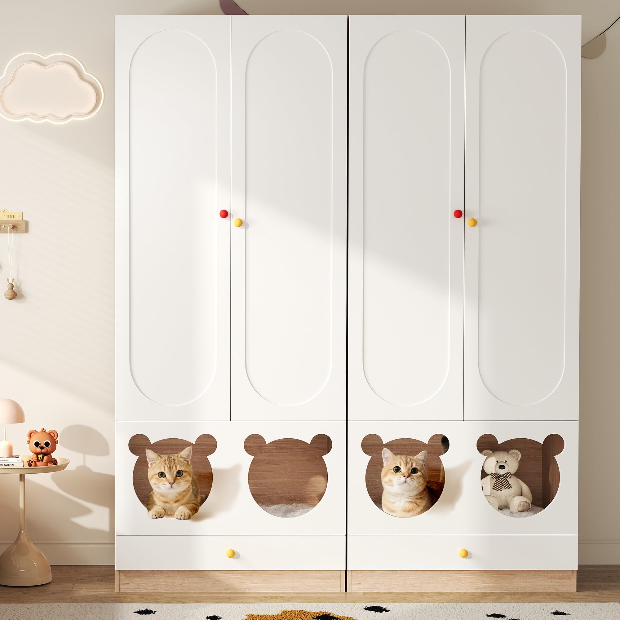 Kleiner Kleiderschrank mit Katzenbett & Kleiderstange – Kindergarderobe mit bunten Keramikgriffen, 80x50x200 cm – perfekt für Schlafzimmer, kindersichere Griffe & stabile Konstruktion