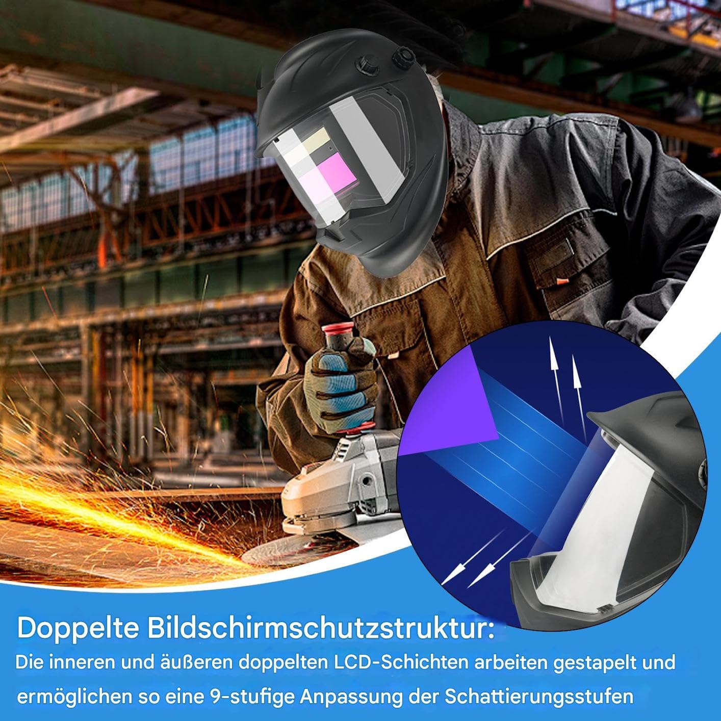 Schweißerschutzmaske - Solargestütztes Schutzschild Für Schweißer,Blendfreies Verstellbares Kopfband Tragbarer Gesichtsschutz für Heimwerker Kfz-Reparatur Metallverarbeitung Plasmenschneiden
