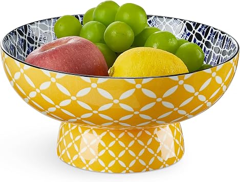 Metahom 10" Ceramic Fruit Basket, Large Pedestal Bowl with Detachable Base, Colorful Snack Bowl, Decorative Bowl for Kitchen Counter Decor, Yellow Color