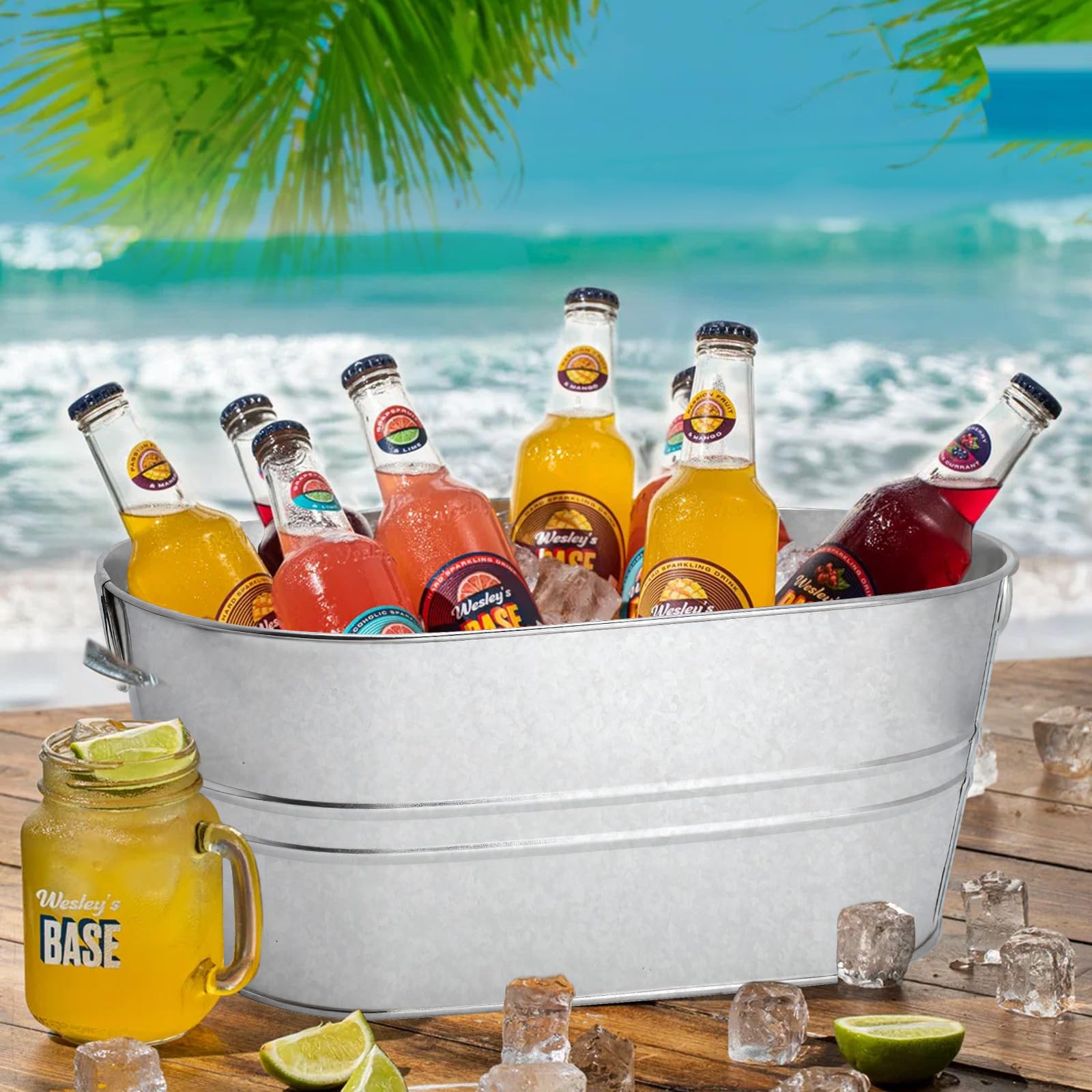 Paquete de 2 cubos de hielo galvanizados de 4 galones para fiestas, tina portátil para bebidas con asas, cubo de champán, cubos de hielo de metal para bar de cóctel con cuchara de hielo