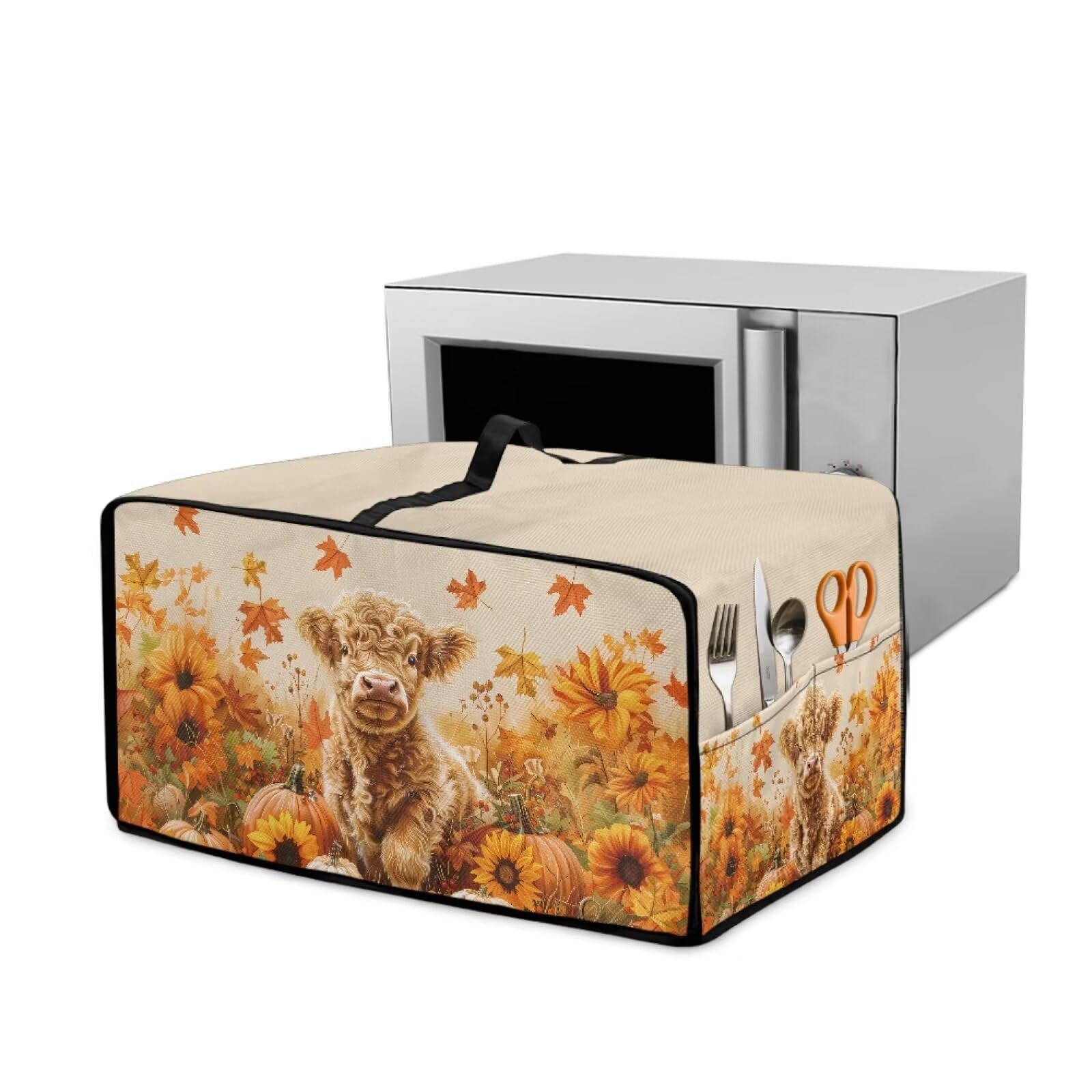 Garucesta Microwave Oven Cover Dustproof Air Fryer Toaster Oven Protector with Storage Pockets, Stain-resistant Small Appliance Cover for Kitchen Decor, S, Highland Cow Pumpkin Print