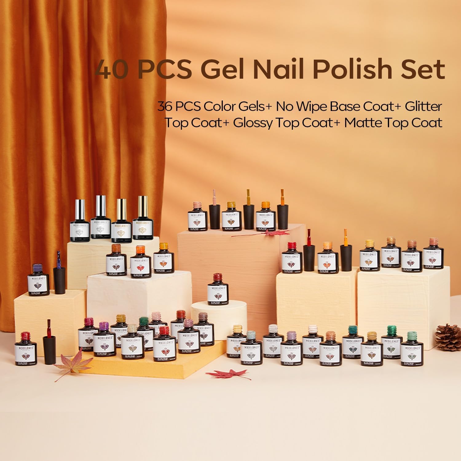 modelones 40 Pcs Gel Nail Polish Set, Nude Brown Green Red Purple Orange Gold Jelly White Colors Blooming Gel Polish Kit with Base Coat & Matte Glitter Glossy Top Coat DIY Mani Gfit