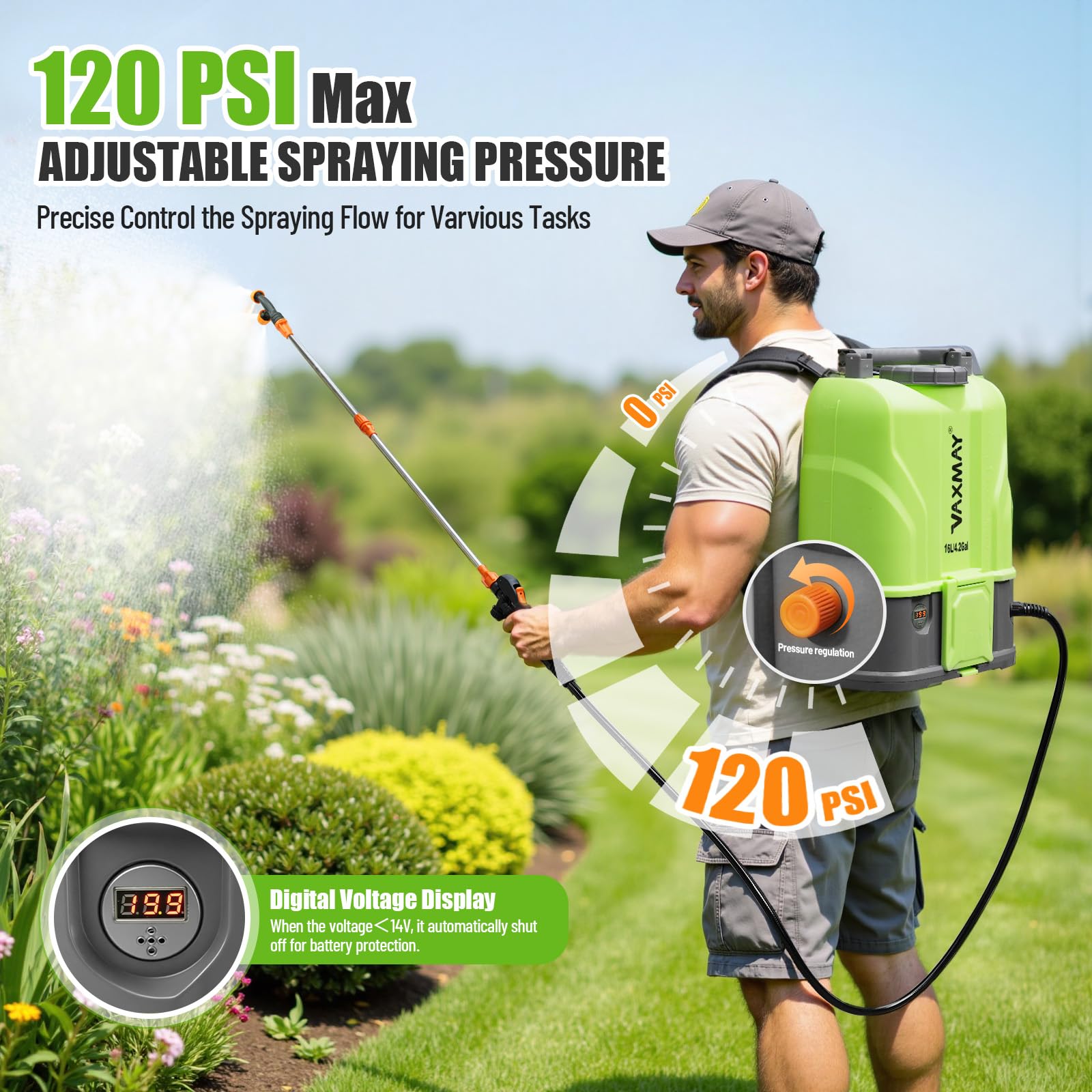VAXMAY - Rociador eléctrico de jardín con batería de 4.2 galones, 120 PSI compatible con batería DeWalt de 20 V, rociador de zacate con 2 varitas, 5 boquillas, batería de 2.6 Ah y cargador incluido