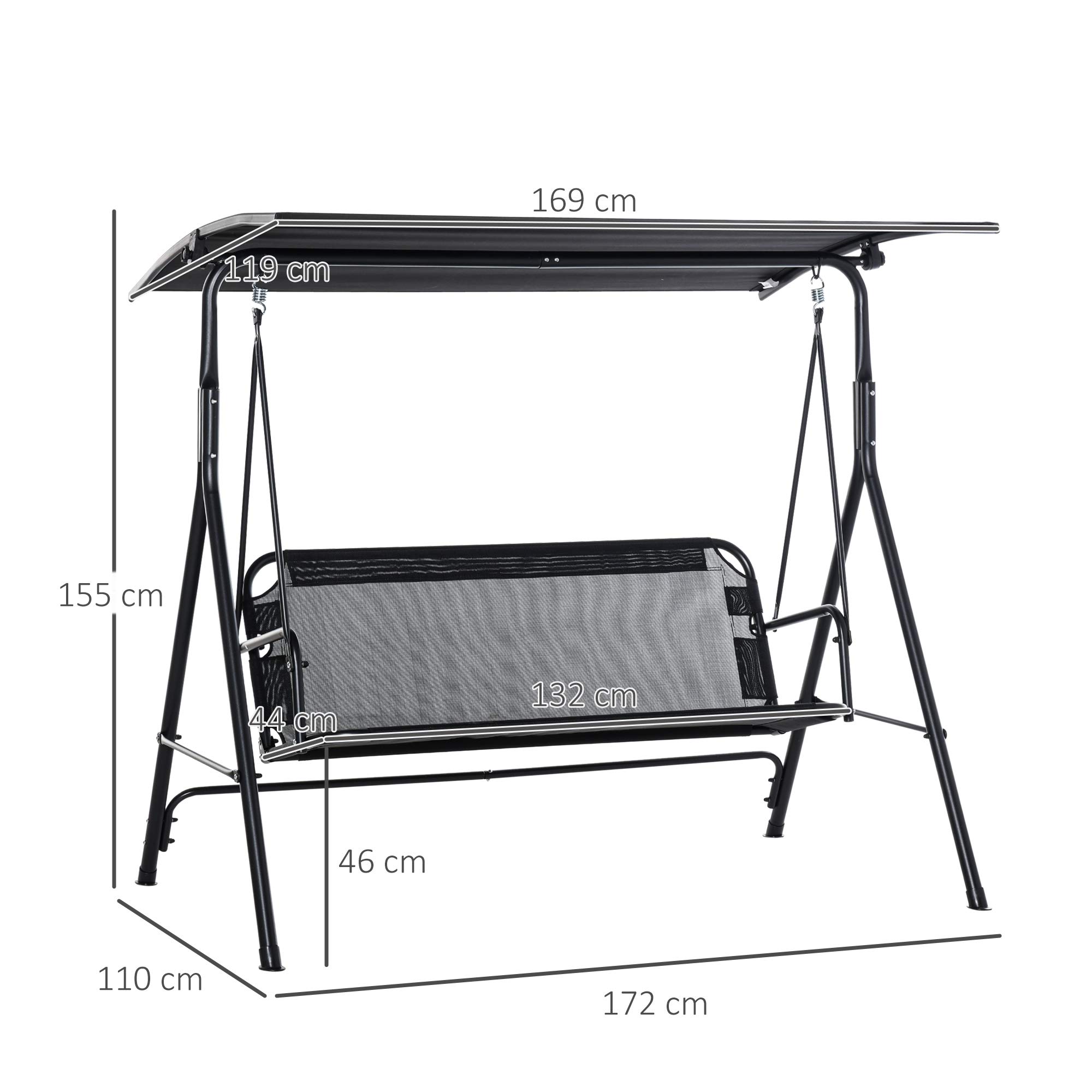 Outsunny Balancelle de Jardin 2 Places, Toit Inclinaison réglable, Structure Acier, 172x110x155 cm, Noir