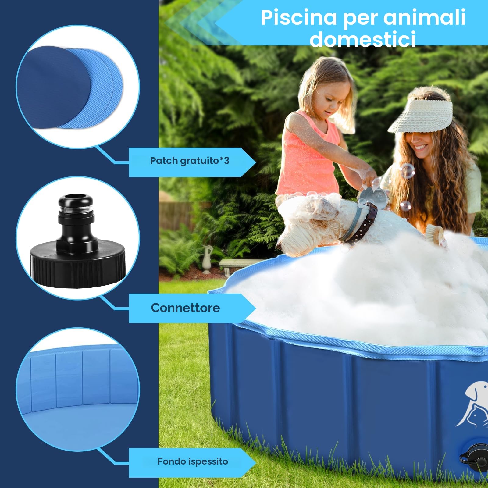 Fwiull - Piscina per cani grandi e piccoli, pieghevole, per cani, vasca da bagno, 120 x 30 cm, stabile, per animali domestici, bambini, antiscivolo, portatile, blu