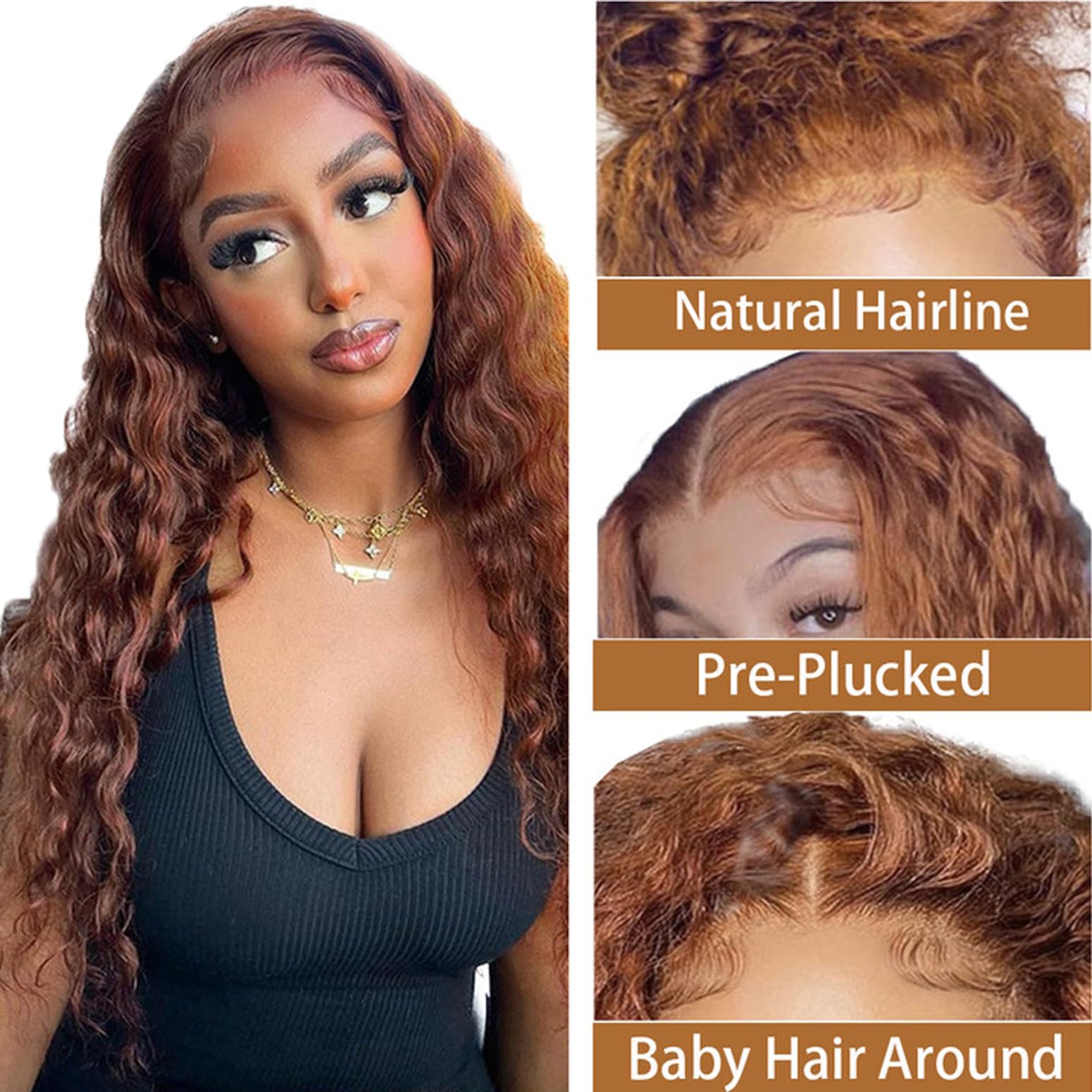 Weeybay 4x4 Lace Front Wigs #30 Light Brown Human Hair Deep Wave Pre Plucked Baby Hair HD Transparent 180% Density 4x4 Lace Frontal Wigs 22 Inch - Image 3