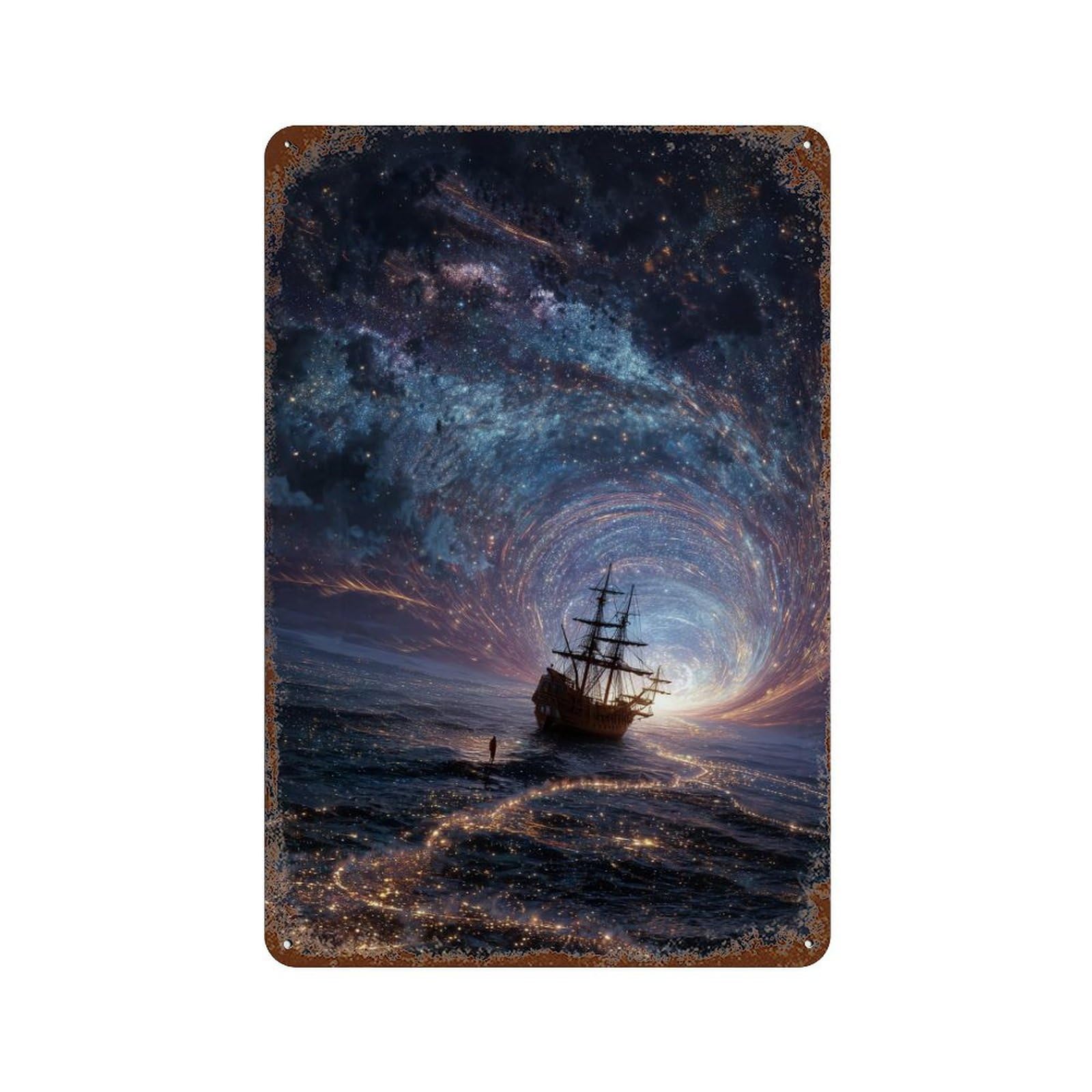 Garage Style Galactic Voyage Ship in Space Rust Effect Tin Sign 11.8"x7.9", Shabby Chic Decor for Bar And Workshop
