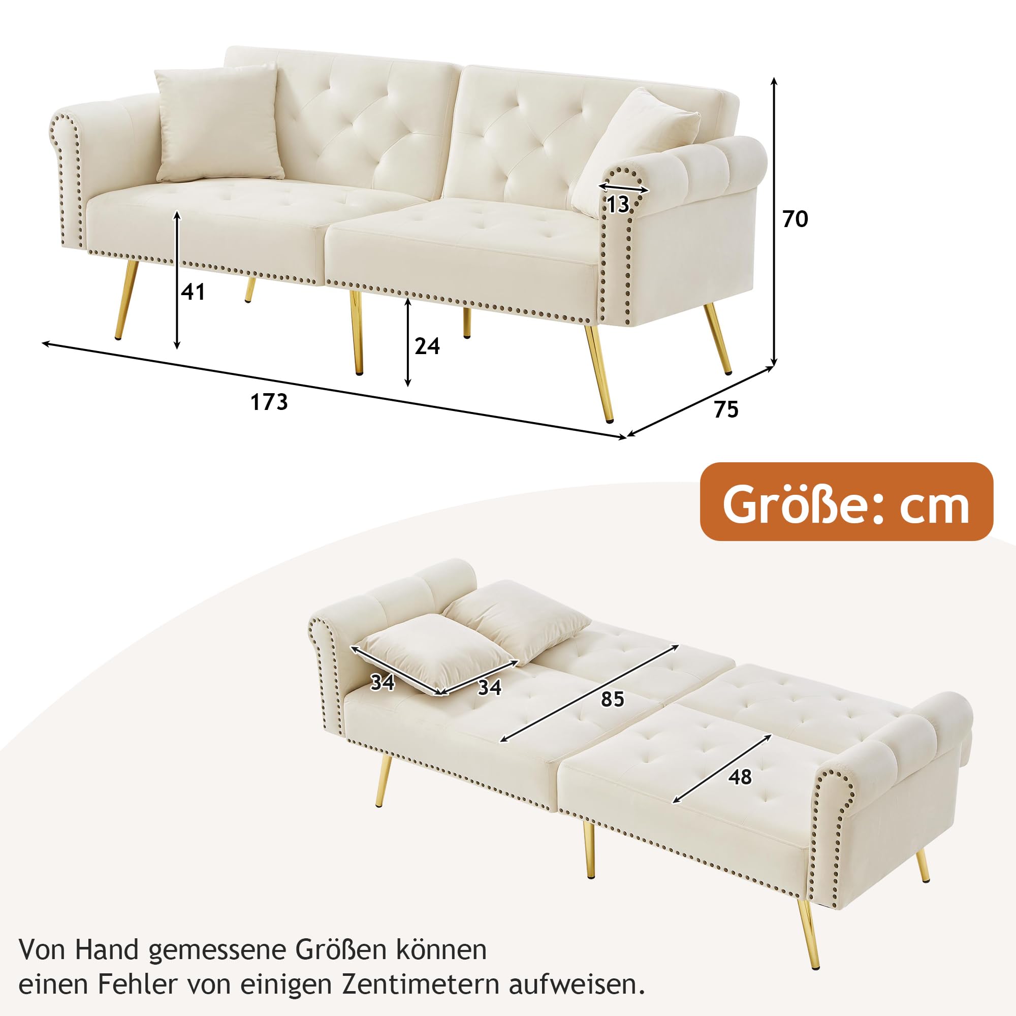 Divano Moderno a 2 Posti, Divano Letto in Velluto Beige, Schienale Regolabile a 3 Livelli, Piedini in Metallo Dorati, Ideale per Piccoli Spazi
