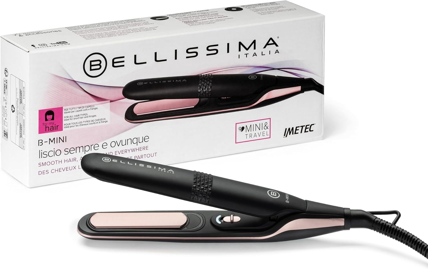 Bellissima Mini-stijltang voor tas en reizen, voor glad haar altijd en overal, compact, licht, keramische coating, temperatuur 200 °C, automatische multi-spanning, Beauty Bag