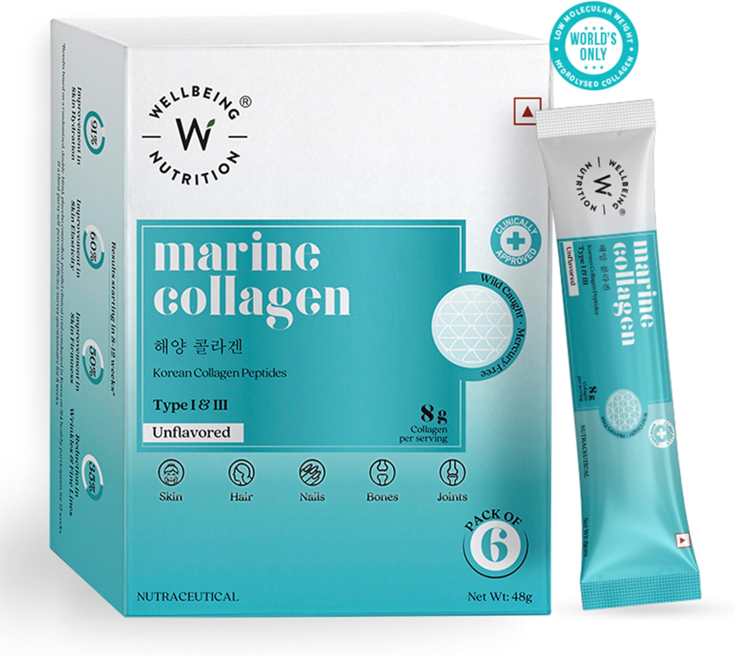 Wellbeing Nutrition Pure Korean Marine Collagen Powder for Women & Men | Clinically Proven Type 1 & 3 Hydrolyzed Peptides | for Radiant Skin & Hair Growth | Unflavored - 6 Sachets
