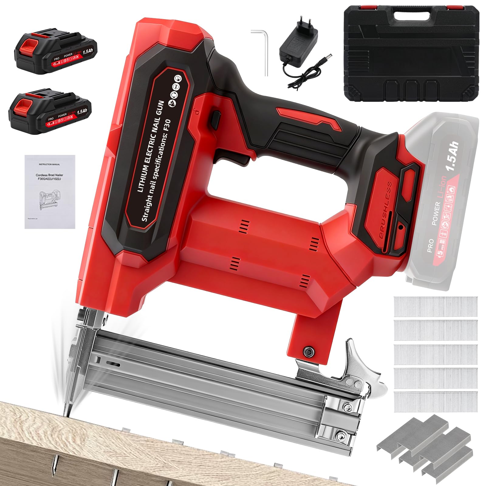 Chiodatrice Elettrica, 2 in 1 Chiodatrice e Graffettatrice con 500 Chiodi F30 e 500 Graffette Tipo 422, Chiodatrice a Batteria Senza Fili, per Vari Tipi di Legno, 1500mAh Batteries *2