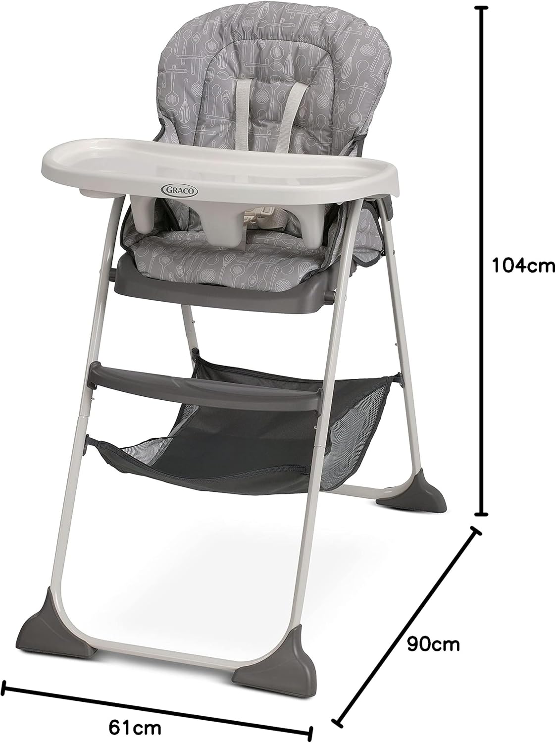 Diagram showing the dimensions of the Graco Slim Snacker High Chair: 61cm width, 90cm depth, 104cm height.