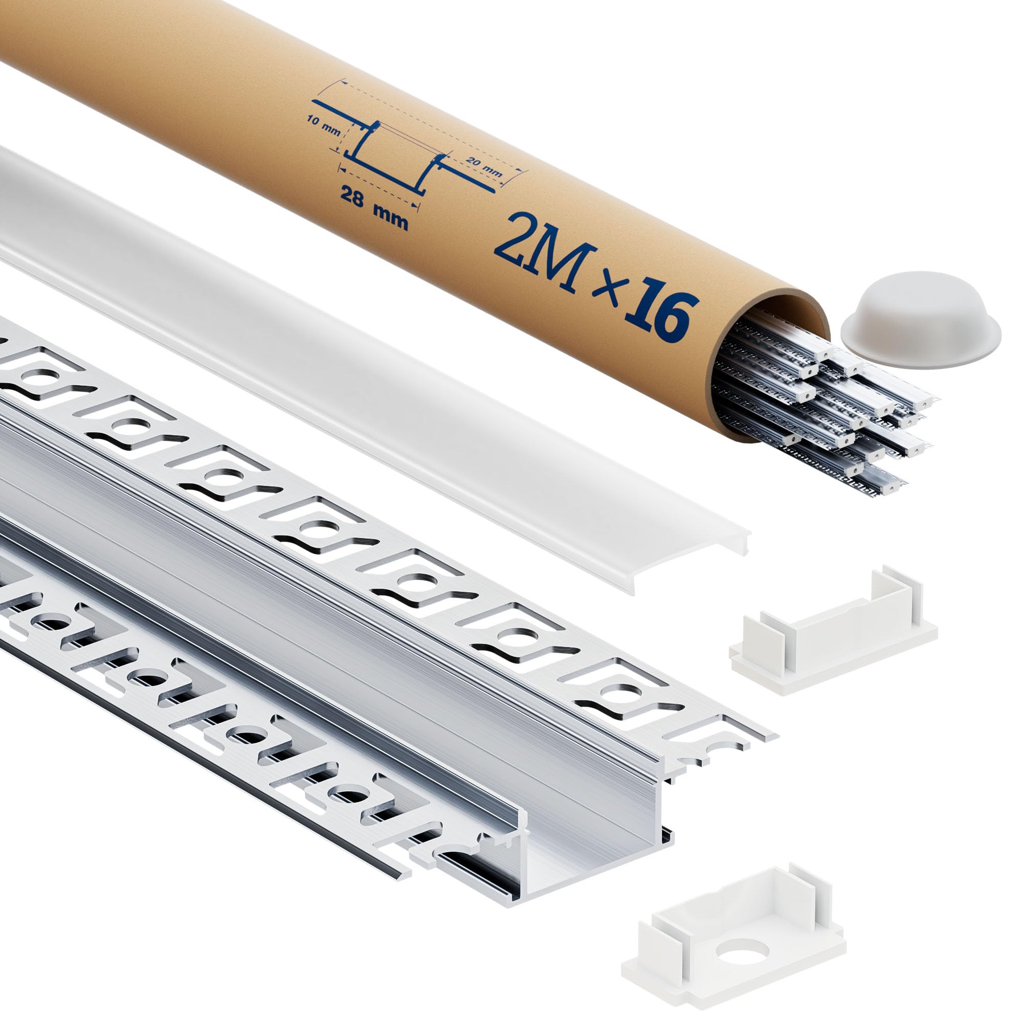 LED Trockenbauprofil 2m 16 Stück – LED Strip Kanal/Schiene mit Diffusor Leiste | Led Aluprofil für led-Streifen bis 20mm, Größe 64.2 × 13.8mm | Inkl. Endkappen (SA01, 2M 16 Stück)