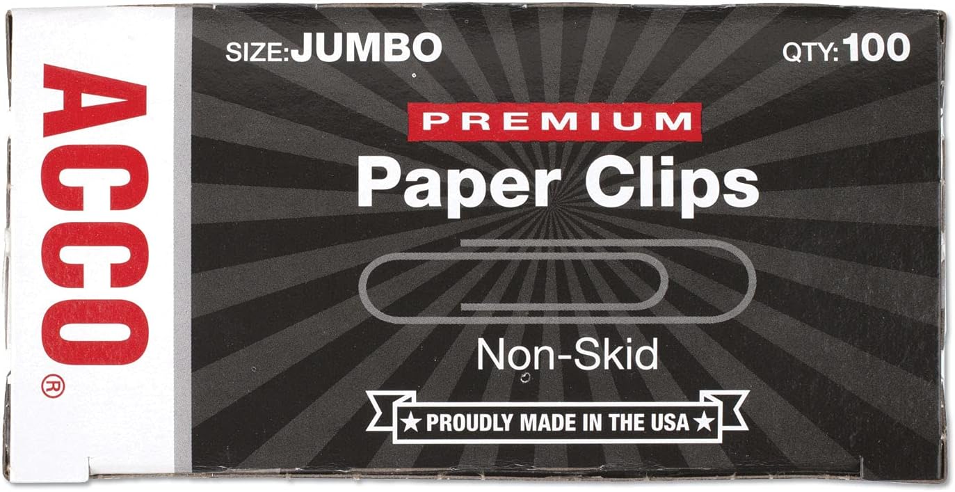 Acco 72510 Premium Non-Skid Jumbo Paper Clips, 100/Box, Silver, 10 Boxes/Pack