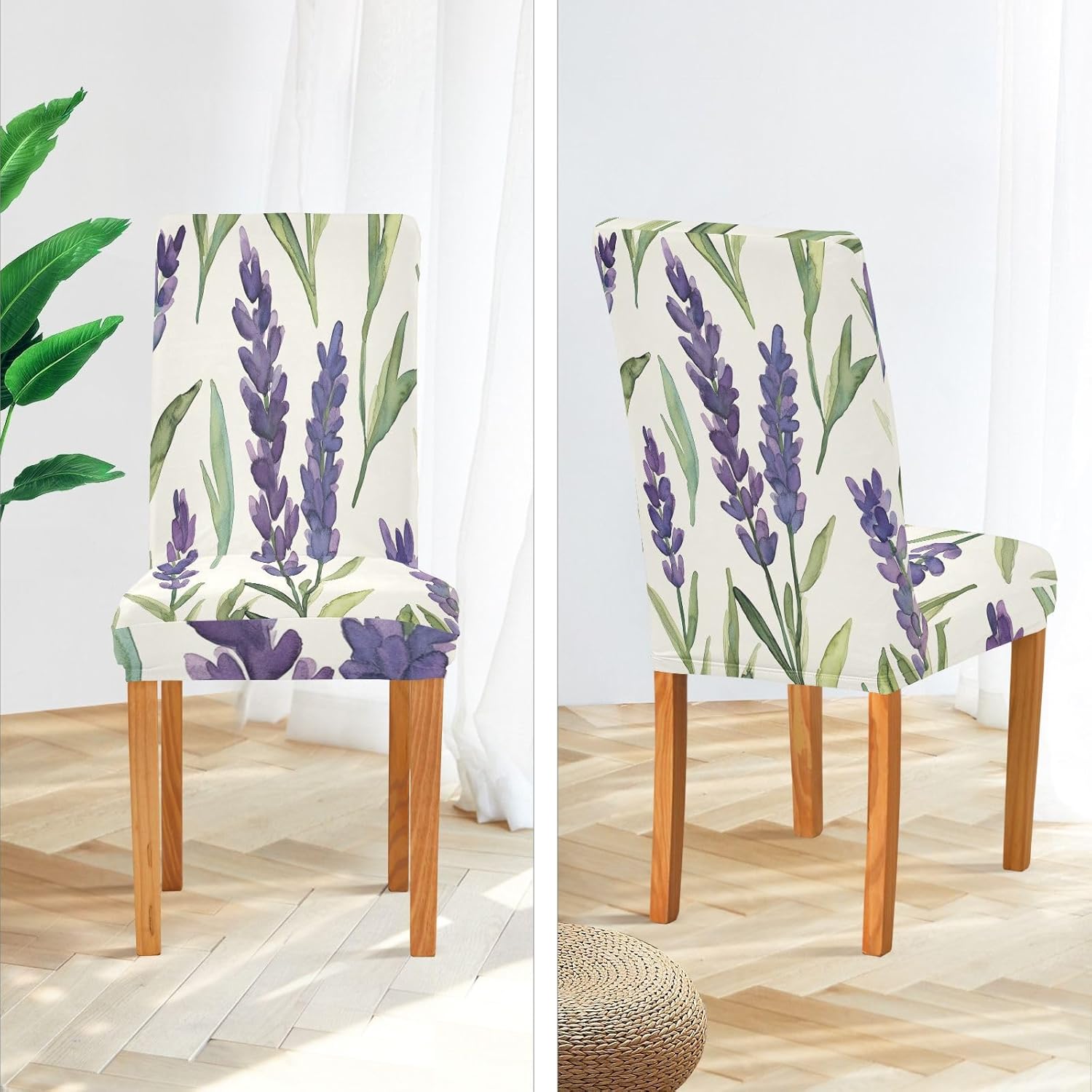 ALAZA Chair Covers for Dining Room, Watercolor Lavender and Green Leave Stretch Chair Cover Sets Chair Protector Removable Washable for Ktichen Restaurant Hotel